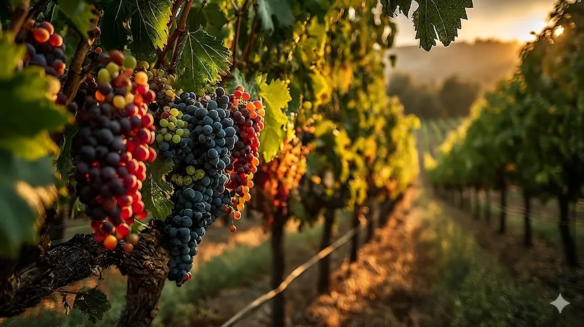 Vignes en terroir, domaine viticole français au coucher de soleil